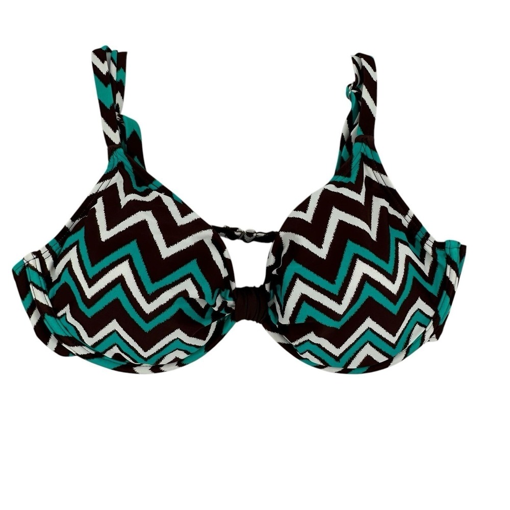 Sweet Escape Size 38D Chevron Zigzag Underwire Bikini Top Teal Brown White  Swim